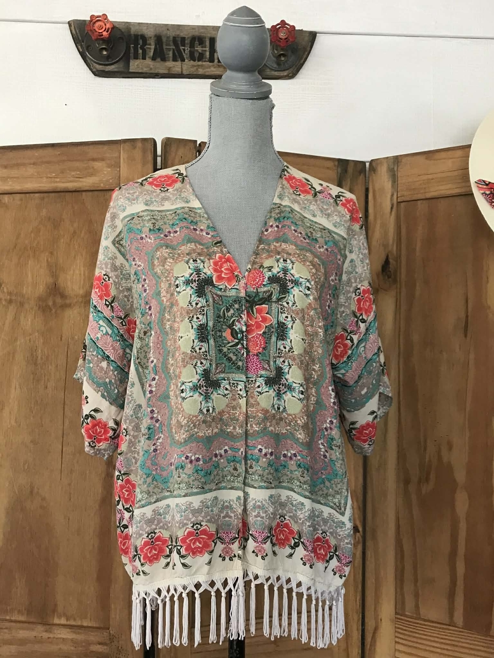 Floral Pattern Fringe Kimono By Selfie Couture
